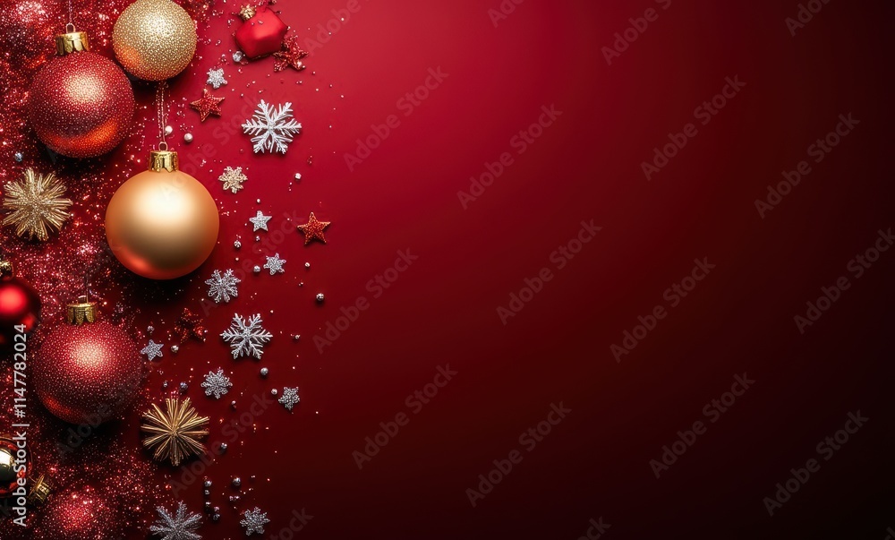 Festive holiday decorations on red backdrop Festive holiday decorations on red backdrop