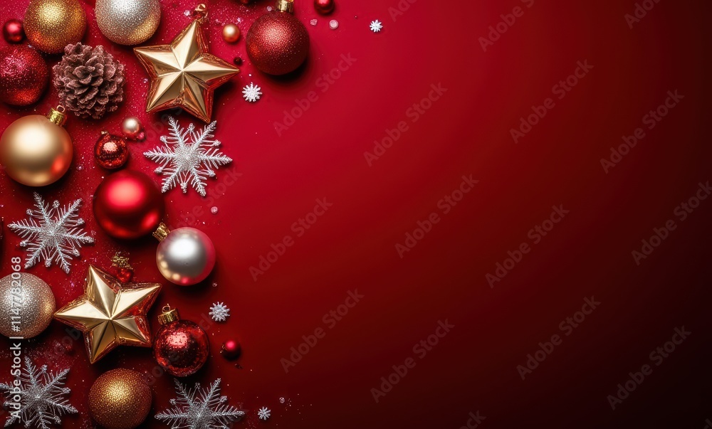 Festive holiday decorations on red background Festive holiday decorations on red background