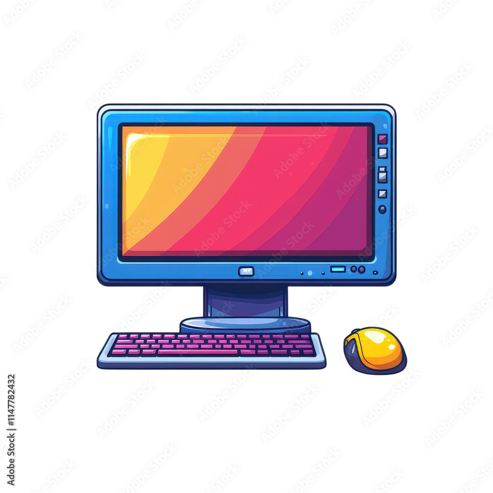 Modern flat illustration of desktop computer and mouse in a digital workspace aesthetic Modern flat illustration of desktop computer and mouse in a digital workspace aesthetic