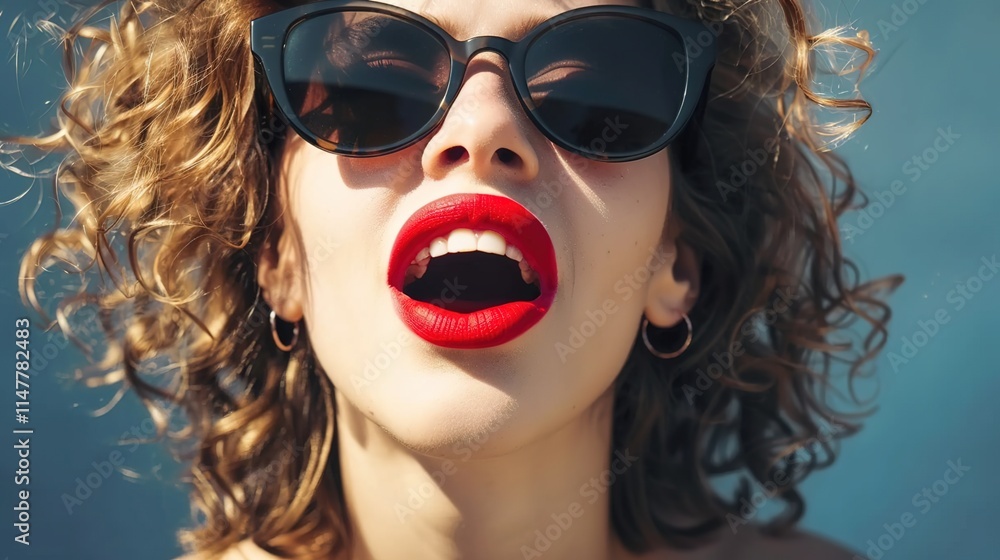 woman Wearing dark glasses red lips open mouth look forward woman Wearing dark glasses red lips open mouth look forward