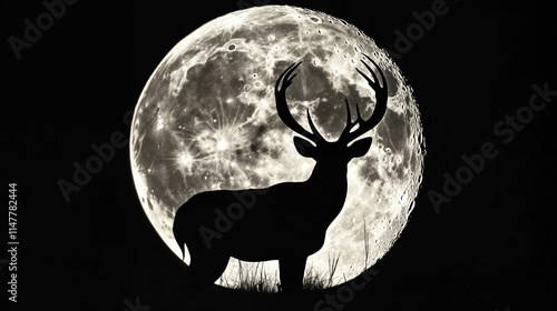 Silhouette of a deer with large antlers standing in front of a large, detailed moon.