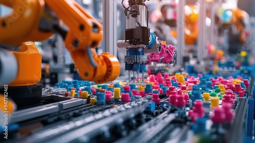 A toy production line with colorful parts being assembled and checked by automated arms.