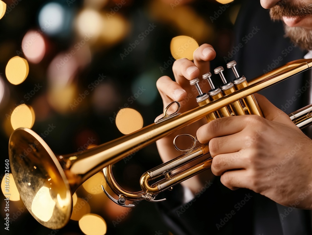 Obraz premium A close-up of a musician playing a golden trumpet, with detailed focus on the hands and instrument, set against a warm bokeh background of glowing lights