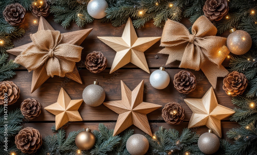 Festive holiday decoration with stars and pinecones Festive holiday decoration with stars and pinecones
