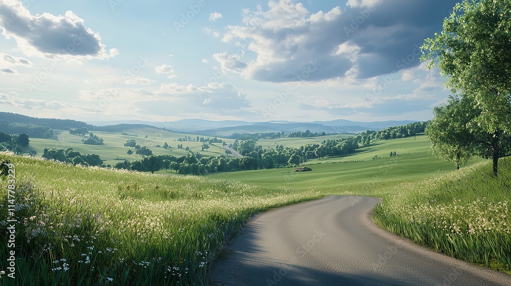 Rural Landscape with Green Fields, Road, and Blue Sky Rural Landscape with Green Fields, Road, and Blue Sky