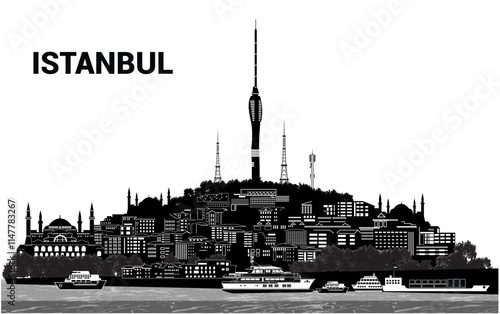 Elevate your projects with this detailed vector silhouette of Istanbul's skyline from the lake ideal for posters, prints, and digital designs celebrating the city's beauty