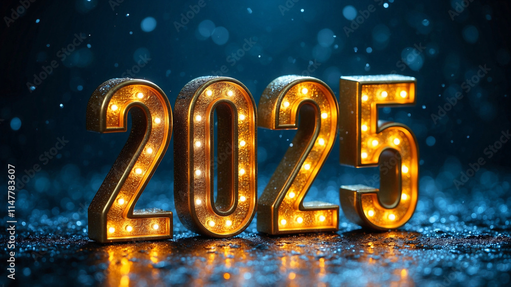 Bold golden 2025 metallic numbers with textured design and reflective surface against deep blue bokeh background artwork, New Year