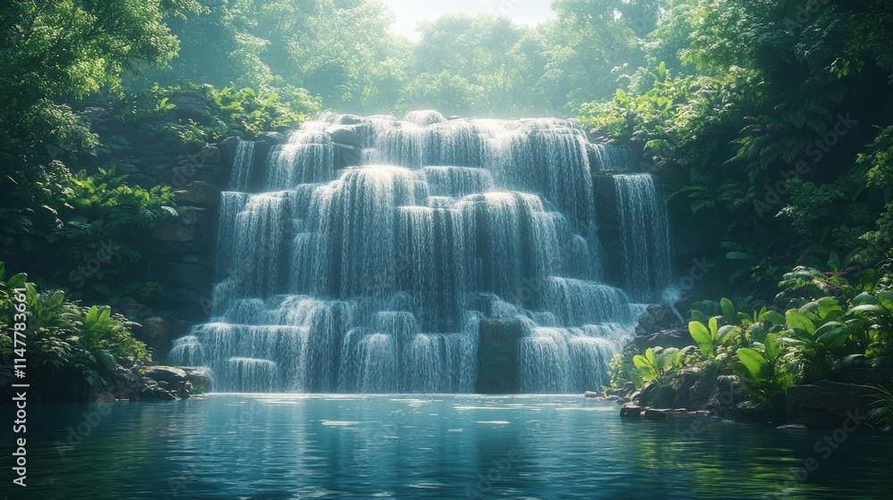 Fototapeta premium Serene jungle waterfall cascades into tranquil pool.