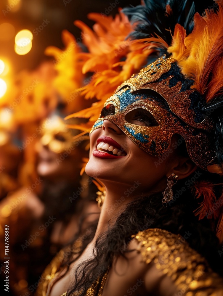 A smiling woman in a glittering carnival mask with vibrant orange and blue feathers, surrounded by a glowing festive atmosphere, celebrating during a carnival parade A smiling woman in a glittering carnival mask with vibrant orange and blue feathers, surrounded by a glowing festive atmosphere, celebrating during a carnival parade
