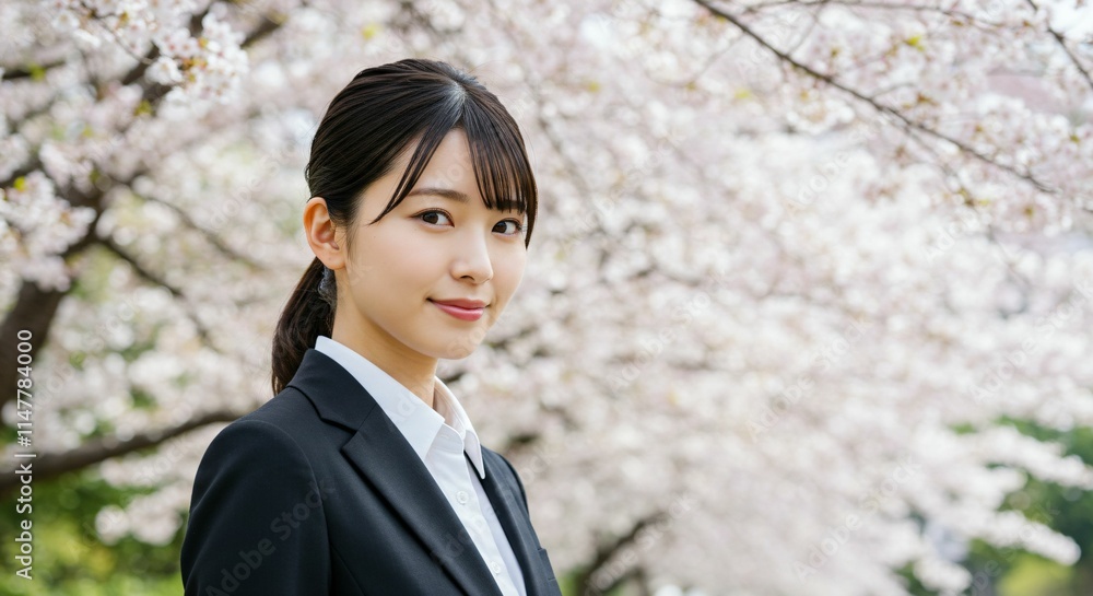 Fresh Graduate Japanese Woman with Ponytail Smiling Amidst Cherry Blossoms: A Symbol of New Beginnings and Spring Fresh Graduate Japanese Woman with Ponytail Smiling Amidst Cherry Blossoms: A Symbol of New Beginnings and Spring