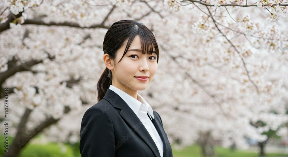 Fresh Graduate Japanese Woman with Ponytail Smiling Amidst Cherry Blossoms: A Symbol of New Beginnings and Spring Fresh Graduate Japanese Woman with Ponytail Smiling Amidst Cherry Blossoms: A Symbol of New Beginnings and Spring
