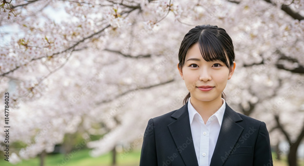 Fresh Graduate Japanese Woman with Ponytail Smiling Amidst Cherry Blossoms: A Symbol of New Beginnings and Spring Fresh Graduate Japanese Woman with Ponytail Smiling Amidst Cherry Blossoms: A Symbol of New Beginnings and Spring
