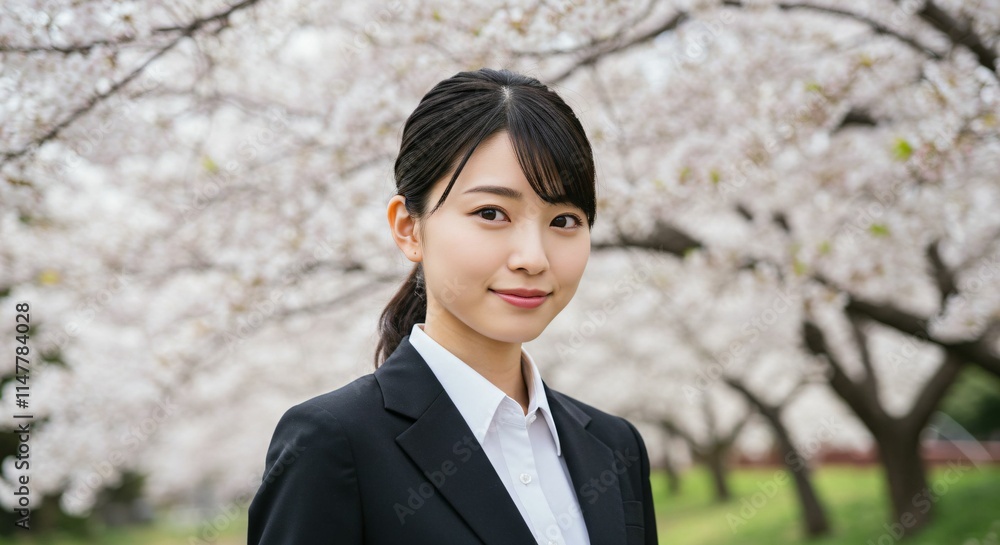 Fresh Graduate Japanese Woman with Ponytail Smiling Amidst Cherry Blossoms: A Symbol of New Beginnings and Spring Fresh Graduate Japanese Woman with Ponytail Smiling Amidst Cherry Blossoms: A Symbol of New Beginnings and Spring