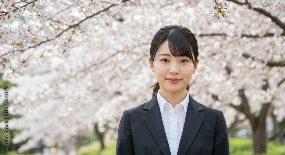 Fresh Graduate Japanese Woman with Ponytail Smiling Amidst Cherry Blossoms: A Symbol of New Beginnings and Spring Fresh Graduate Japanese Woman with Ponytail Smiling Amidst Cherry Blossoms: A Symbol of New Beginnings and Spring