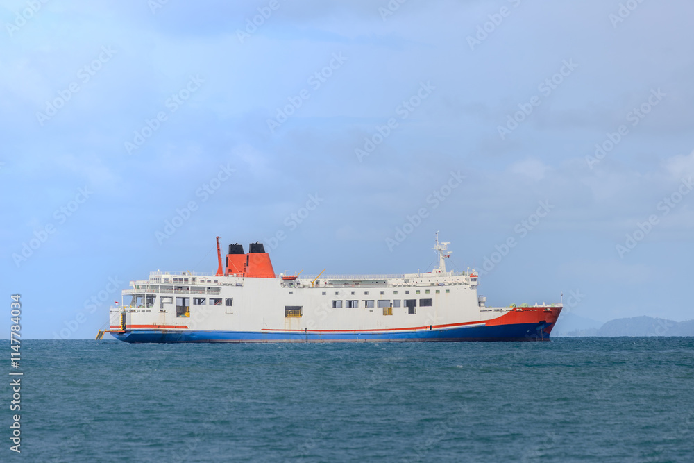 Ferry Ride on a Bright Sunny Day. Passenger boat under clear blue sky Ferry Ride on a Bright Sunny Day. Passenger boat under clear blue sky