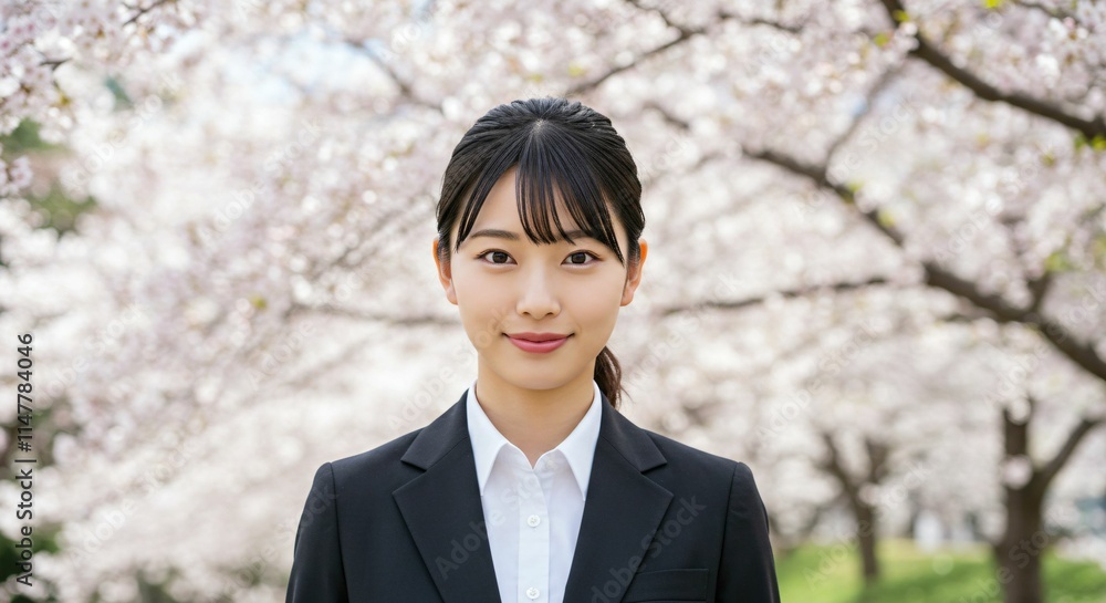 Fresh Graduate Japanese Woman with Ponytail Smiling Amidst Cherry Blossoms: A Symbol of New Beginnings and Spring Fresh Graduate Japanese Woman with Ponytail Smiling Amidst Cherry Blossoms: A Symbol of New Beginnings and Spring