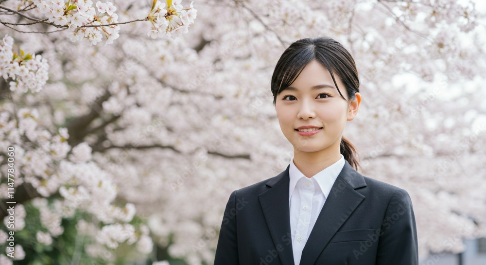 Fresh Graduate Japanese Woman with Ponytail Smiling Amidst Cherry Blossoms: A Symbol of New Beginnings and Spring Fresh Graduate Japanese Woman with Ponytail Smiling Amidst Cherry Blossoms: A Symbol of New Beginnings and Spring