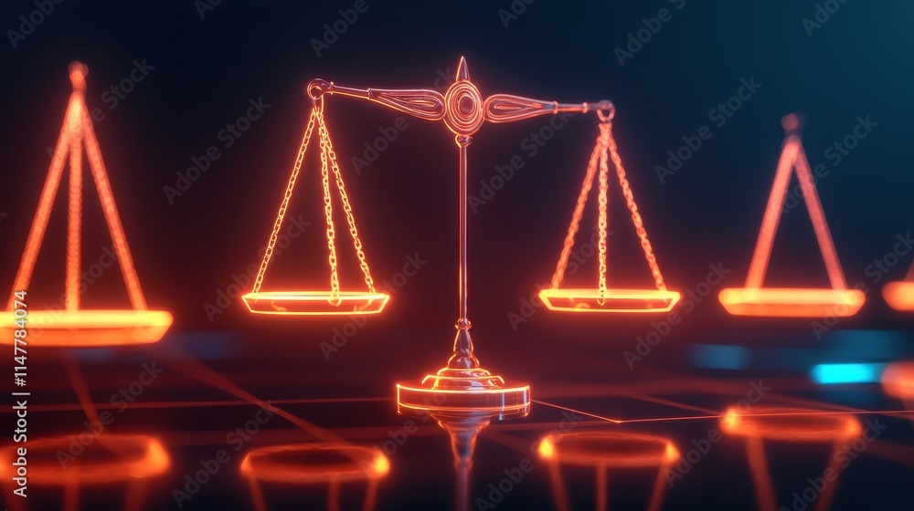 Neon glowing scales of justice in futuristic digital setting Neon glowing scales of justice in futuristic digital setting