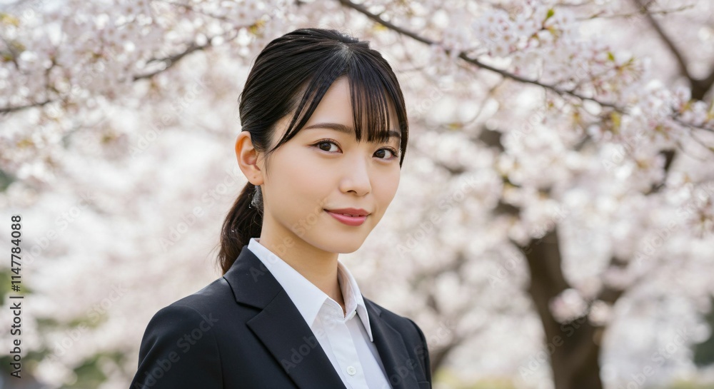 Fresh Graduate Japanese Woman with Ponytail Smiling Amidst Cherry Blossoms: A Symbol of New Beginnings and Spring Fresh Graduate Japanese Woman with Ponytail Smiling Amidst Cherry Blossoms: A Symbol of New Beginnings and Spring