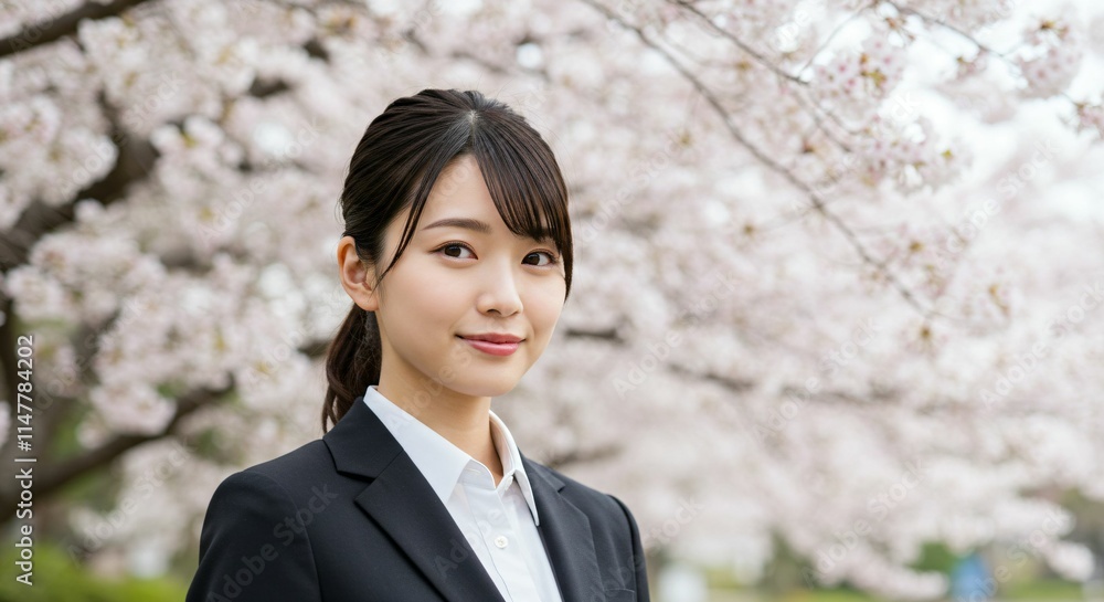 Fresh Graduate Japanese Woman with Ponytail Smiling Amidst Cherry Blossoms: A Symbol of New Beginnings and Spring Fresh Graduate Japanese Woman with Ponytail Smiling Amidst Cherry Blossoms: A Symbol of New Beginnings and Spring