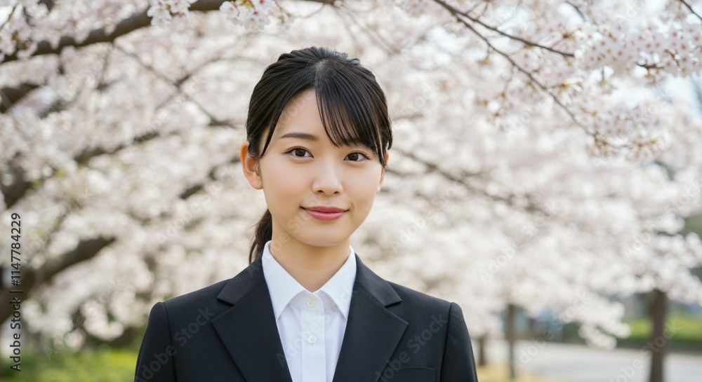 Professional Japanese Woman with Ponytail Smiling Under Cherry Blossoms: A Bright Future Awaits in Her New Career Journey Professional Japanese Woman with Ponytail Smiling Under Cherry Blossoms: A Bright Future Awaits in Her New Career Journey