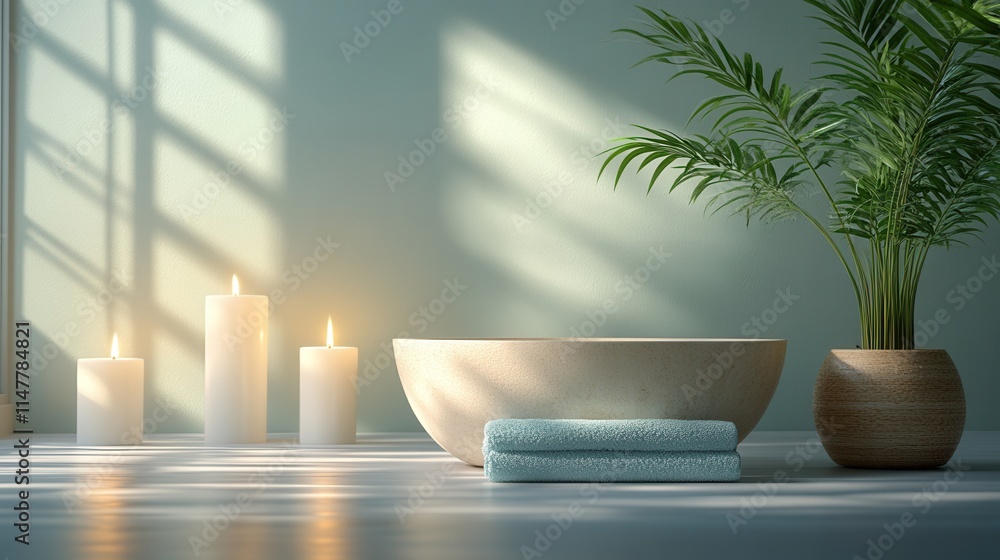 A serene spa setting with candles, towels, and a plant for relaxation and wellness.