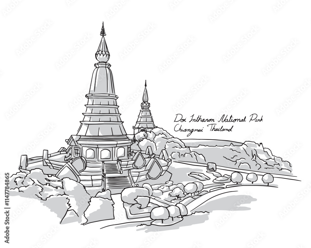 Naklejka premium Doi Inthanon National Park, Chiangmai, Thailand. Hand drawing outline.
