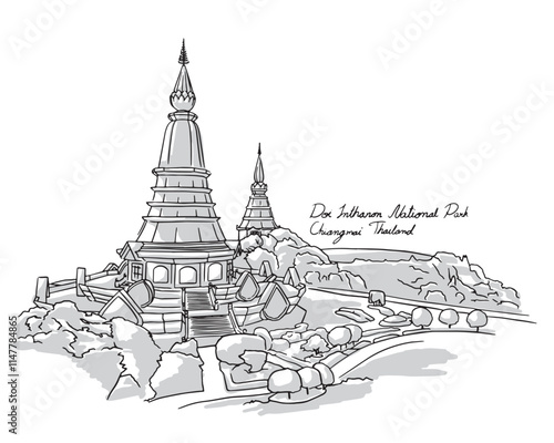 Doi Inthanon National Park, Chiangmai, Thailand. Hand drawing outline.