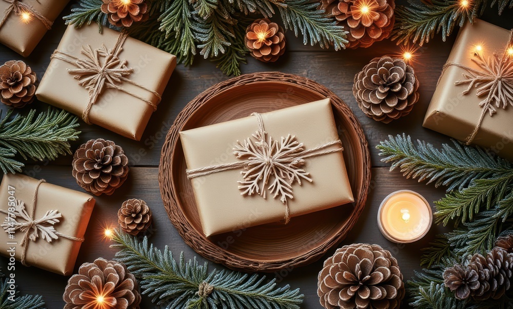 Beautifully wrapped gifts among pine cones Beautifully wrapped gifts among pine cones
