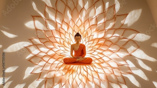 Lotus petals forming a mandala pattern with a Buddha image in the center, glowing softly on a white background. photo