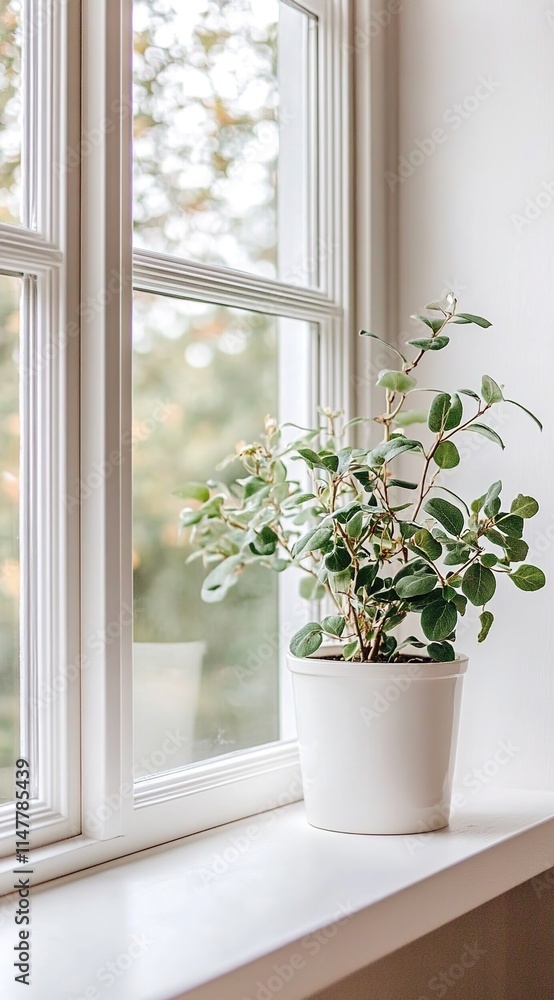 A photograph of white windows with a potted plant on the window sill A photograph of white windows with a potted plant on the window sill