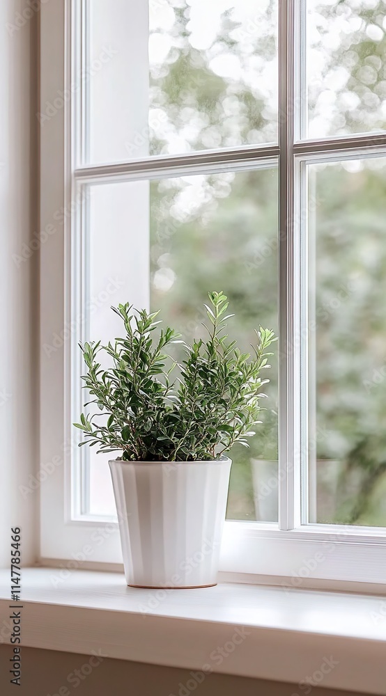 A photograph of white windows with a potted plant on the window sill A photograph of white windows with a potted plant on the window sill