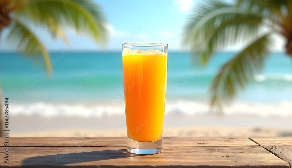 A tall glass of orange juice sits on a wooden table, with a beach and palm trees in the background. A tall glass of orange juice sits on a wooden table, with a beach and palm trees in the background.