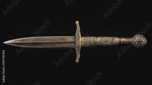 A decorative dagger with intricate designs on the hilt and blade. photo