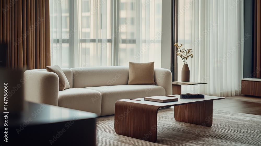 Fototapeta premium Minimalist modern living space with clean, elegant decor. Featuring sleek lines and soft colors
