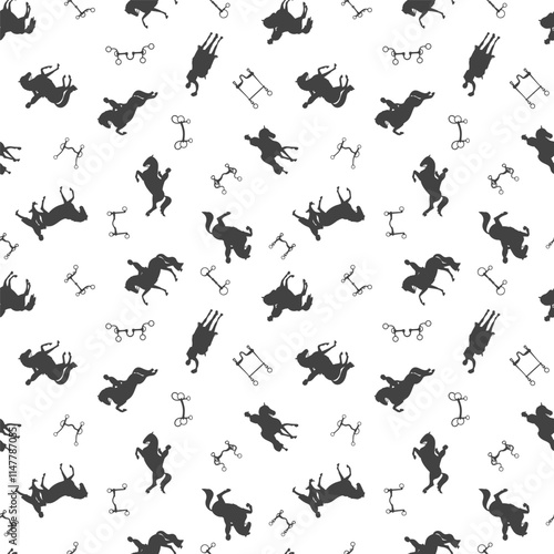 Seamless pattern featuring horse silhouettes, equestrian equipment, and riders in black on a white background
