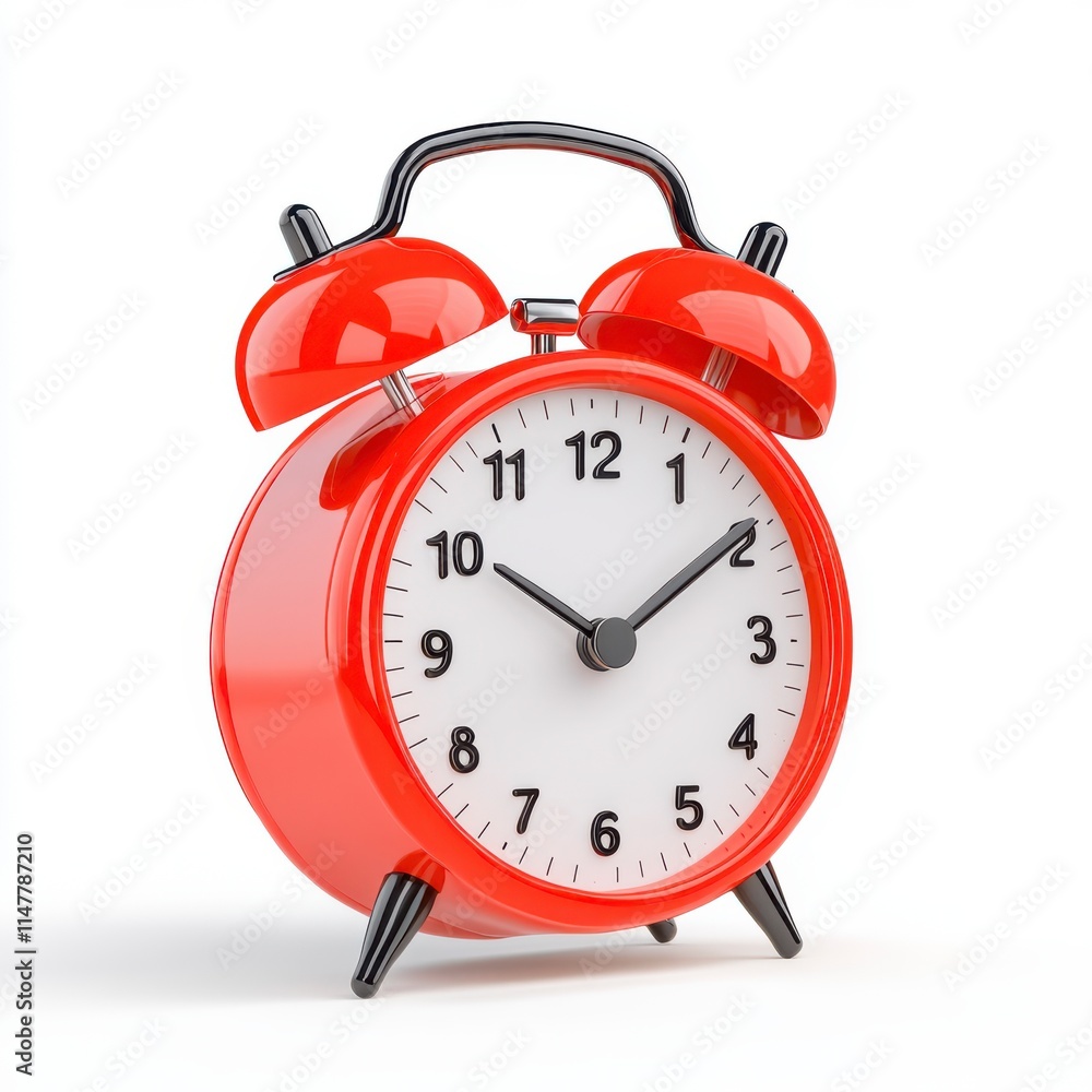 A vibrant red alarm clock with two bells on top, displaying the time on a white face with black numbers and hands. A vibrant red alarm clock with two bells on top, displaying the time on a white face with black numbers and hands.