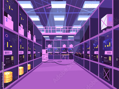 Cryptocurrency Mining Factory: A Digital Currency Generation Warehouse with Rows of Computers