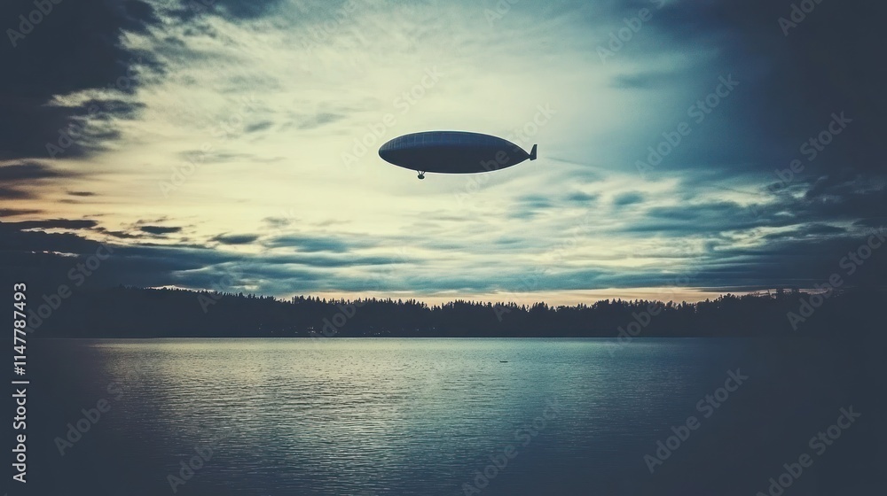 A blimp floats over a tranquil lake at dusk, reflecting the serene sky and landscape. A blimp floats over a tranquil lake at dusk, reflecting the serene sky and landscape.