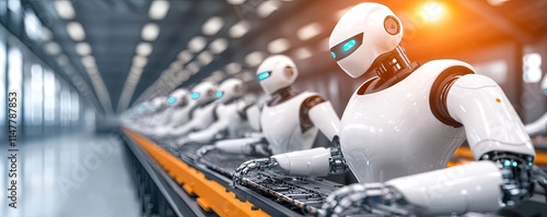 Labor shortage replacement concept. A futuristic production line features humanoid robots with blue-tinted eyes, showcasing advanced technology in a sleek, automated environment.