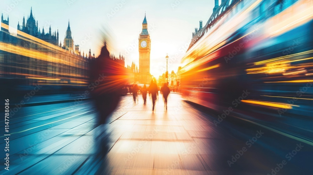 Obraz premium A blurred cityscape at sunset, featuring iconic architecture and bustling pedestrians.
