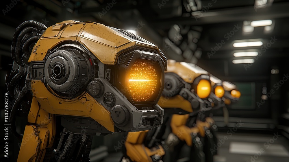 A close-up of futuristic robotic units with glowing orange eyes, set in a high-tech environment. A close-up of futuristic robotic units with glowing orange eyes, set in a high-tech environment.