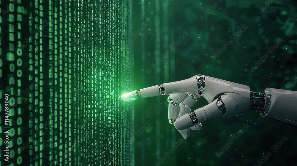 Fototapeta premium A robotic hand touches a glowing green digital matrix, symbolizing the intersection of technology and data.