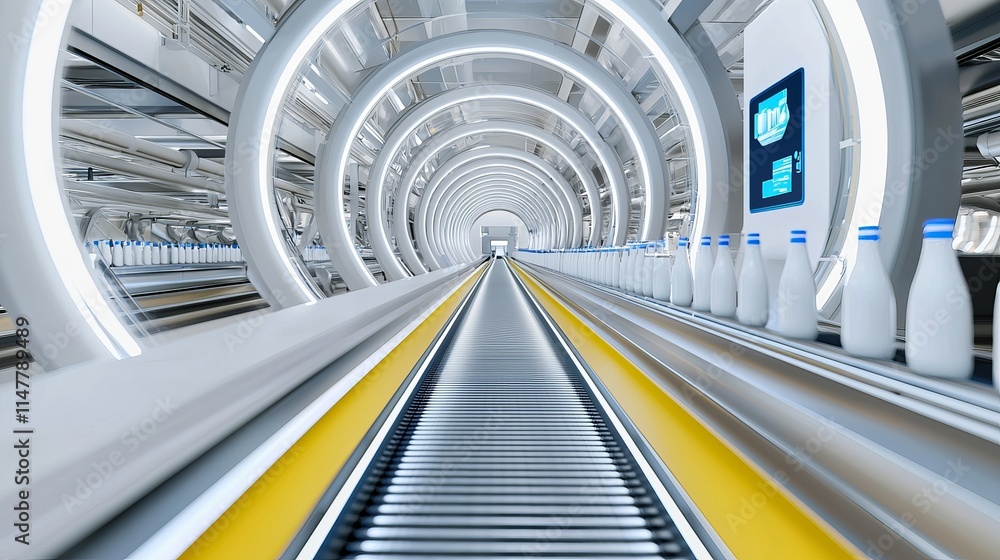 Conveyor belt system in a dairy plant moving milk bottles through the production process Conveyor belt system in a dairy plant moving milk bottles through the production process