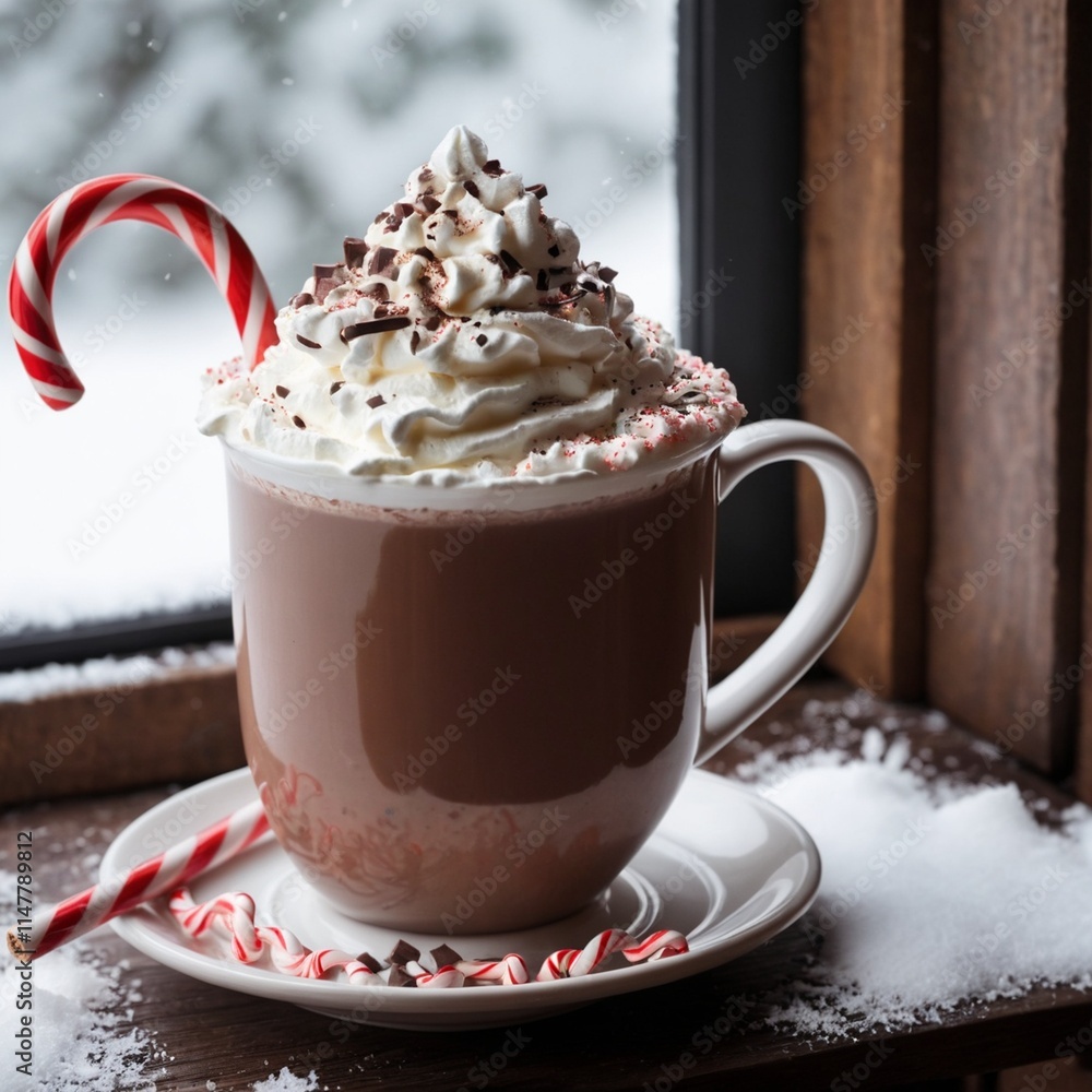 A steaming mug of hot cocoa topped with whipped cream, sprinkled with chocolate shavings, and a candy cane resting on the rim, against a snowy window background. A steaming mug of hot cocoa topped with whipped cream, sprinkled with chocolate shavings, and a candy cane resting on the rim, against a snowy window background.