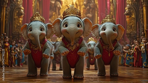 Three adorable baby elephants in crowns perform a synchronized dance in a grand hall. photo