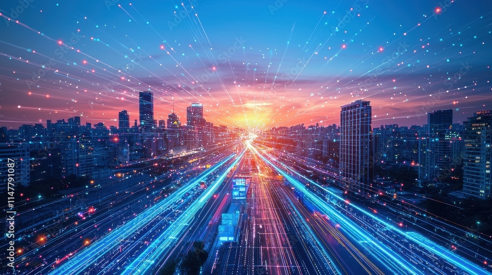 Dynamic Cityscape with Vibrant Light Trails and Innovative Technology Simulation at Sunset Dynamic Cityscape with Vibrant Light Trails and Innovative Technology Simulation at Sunset