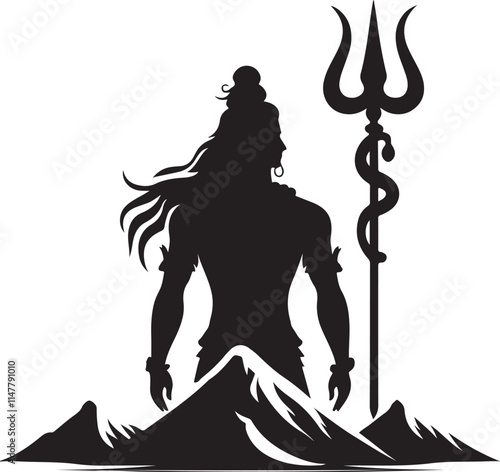 Majestic Silhouette of Lord Shiva Hindu God with Trishul and Mountains