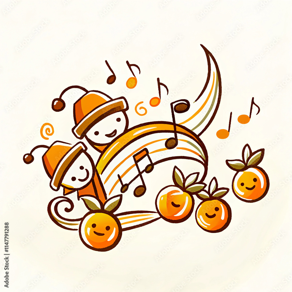 Fototapeta premium Joyful tangerine characters and music notes, playful mood, whimsical illustration, light background