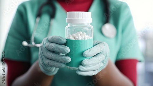 Healthcare Worker Holding Pill Bottle in Bright Setting photo